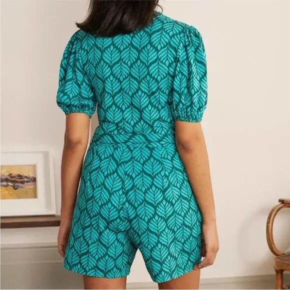 Boden Ruby Jersey Puff Sleeve Tie Waist Romper in Palm Leaf - Size US 6 Tall - Picture 3 of 11